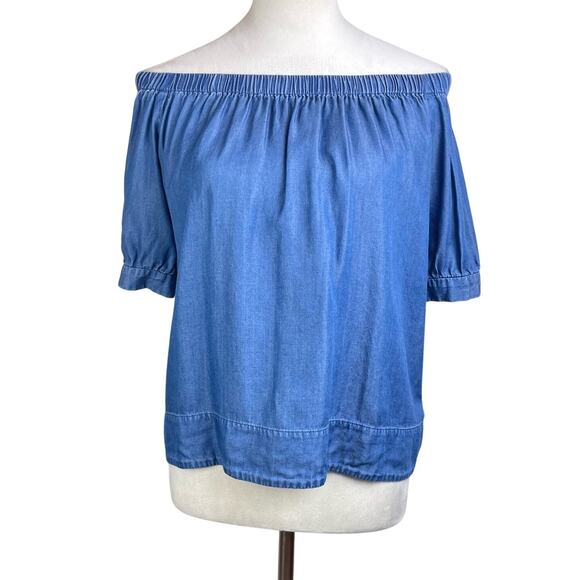 Broome Street Kate Spade Blue Soft Chambray Off The Shoulder Short Sleeve Top - Picture 4 of 14